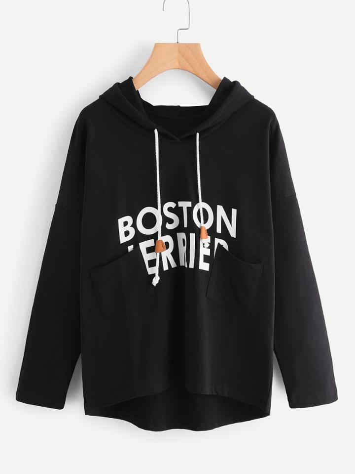 Romwe Slogan Print Dip Hem Hoodie