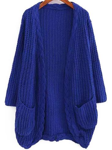 Romwe Long Sleeve Pockets Royal Blue Cardigan