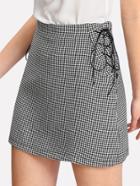 Romwe Lace Up Side Houndstooth Skirt