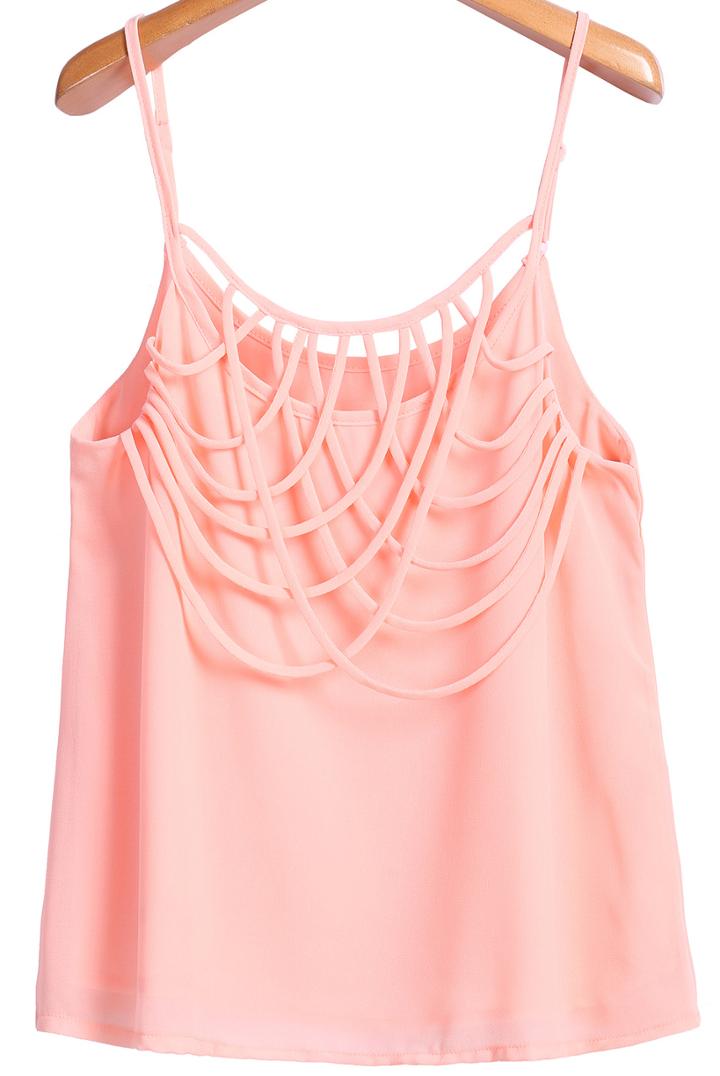 Romwe Cross Rope Embellished Chiffon Pink Vest
