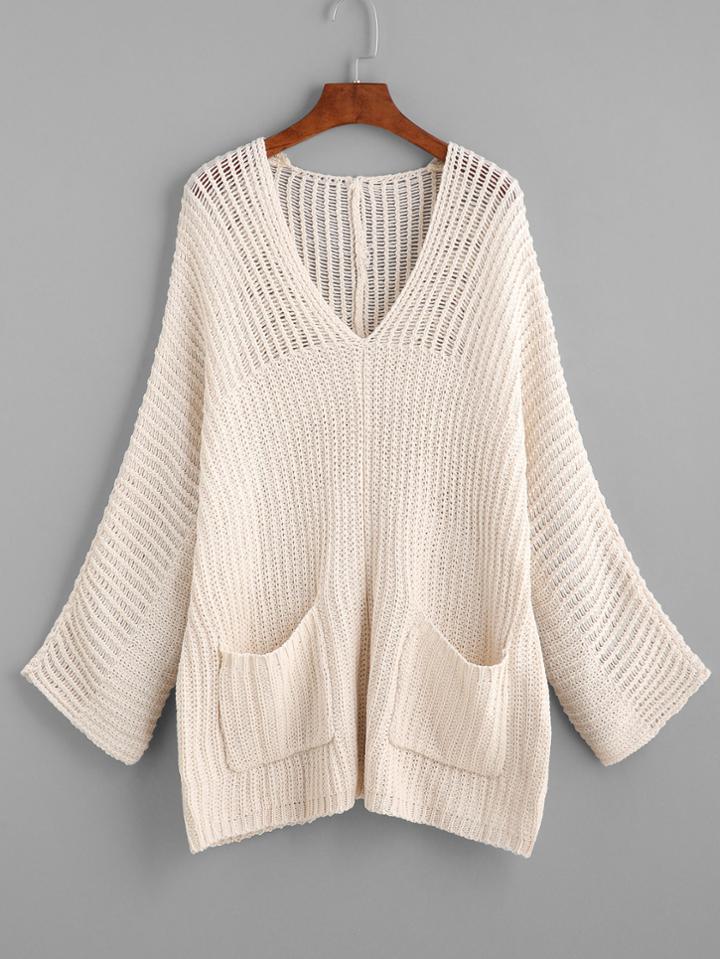 Romwe Apricot V Neck Hollow Out Sweater With Pockets