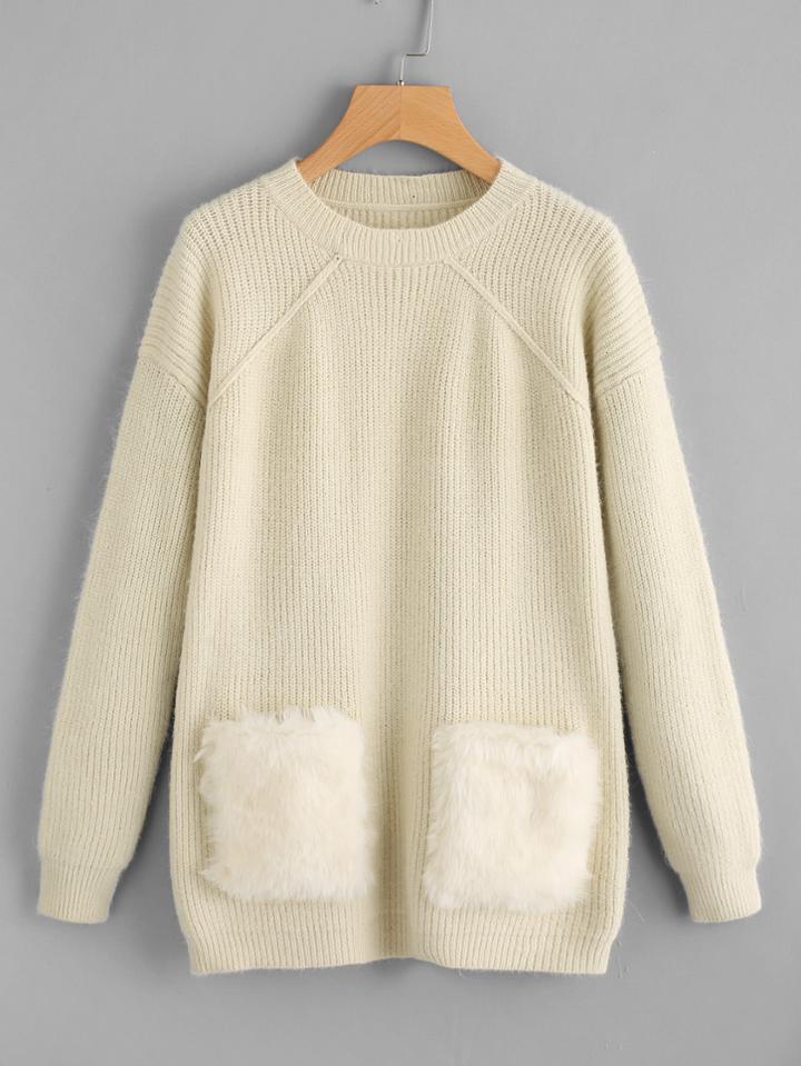 Romwe Faux Fur Pocket Front Sweater