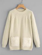 Romwe Faux Fur Pocket Front Sweater
