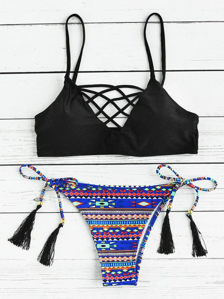 Romwe Geometric Print Criss Cross Tassel Tie Bikini Set