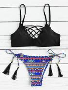 Romwe Geometric Print Criss Cross Tassel Tie Bikini Set