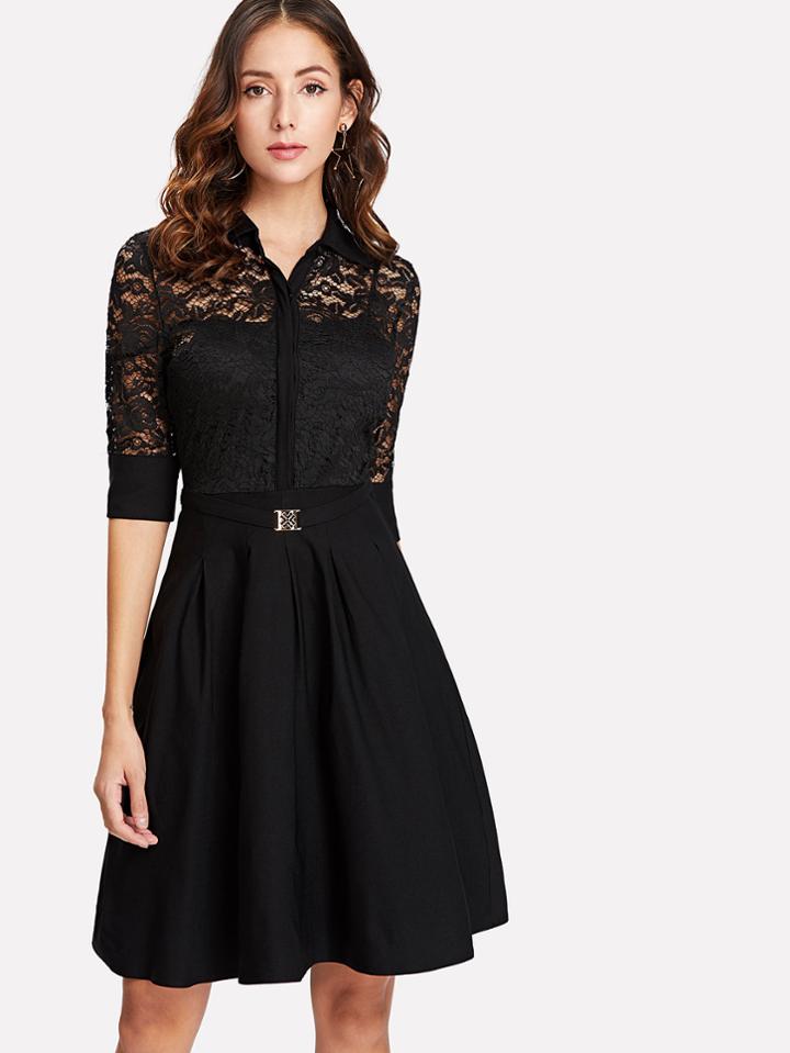 Romwe Lace Contrast Shirt Dress