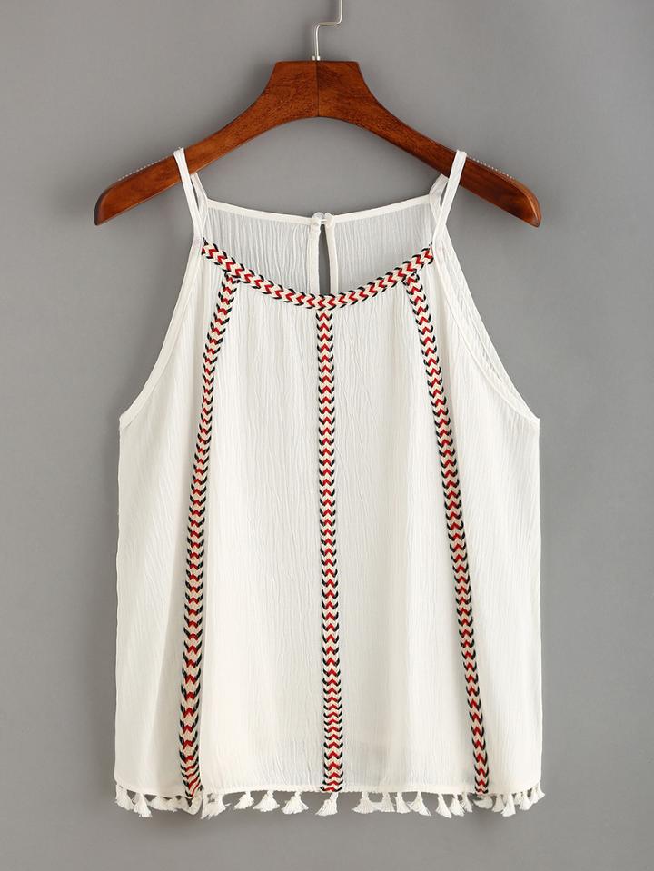 Romwe Woven Tape & Tassel Embellished Cami Top