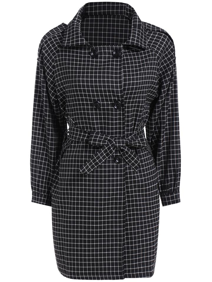 Romwe Lapel Plaid Buttons Belt Coat