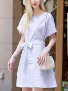 Romwe Blue Striped Dress With Cuffed Sleeve And Belt