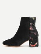 Romwe Flower Pattern Detail Velvet Ankle Boots