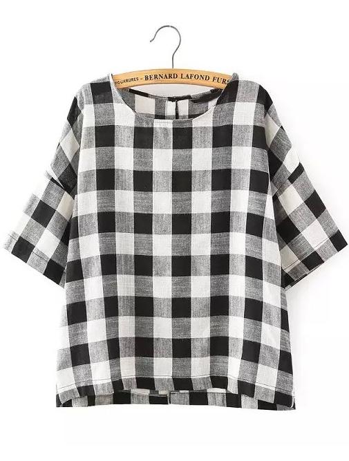 Romwe Black White Round Neck Plaid Loose Blouse