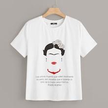 Romwe Plus Cartoon And Slogan Print Tee