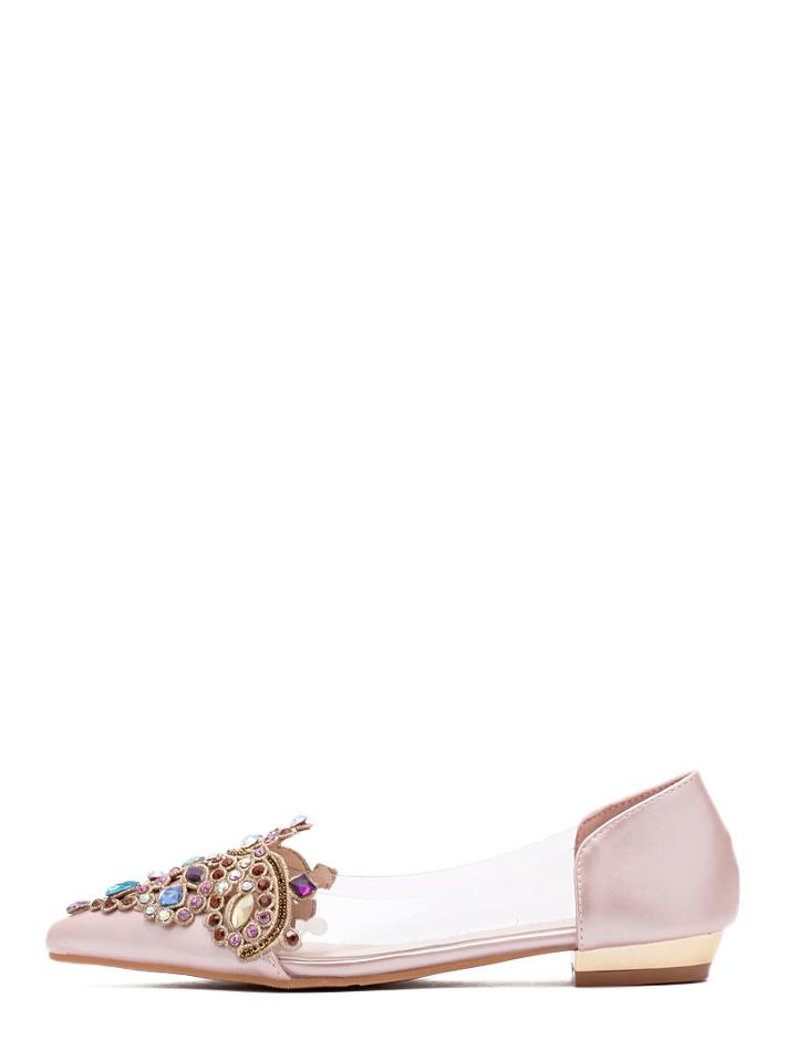 Romwe Pink Pointed Toe Rhinestone Bead Flats