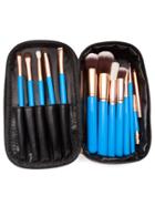 Romwe Blue Professional Makeup Brush Set With Brown Zipper Bag