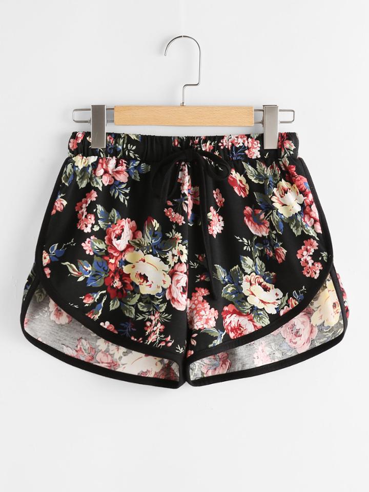 Romwe Flower Print Stepped Hem Dolphin Shorts
