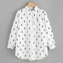 Romwe Rabbit Print Curved Hem Blouse