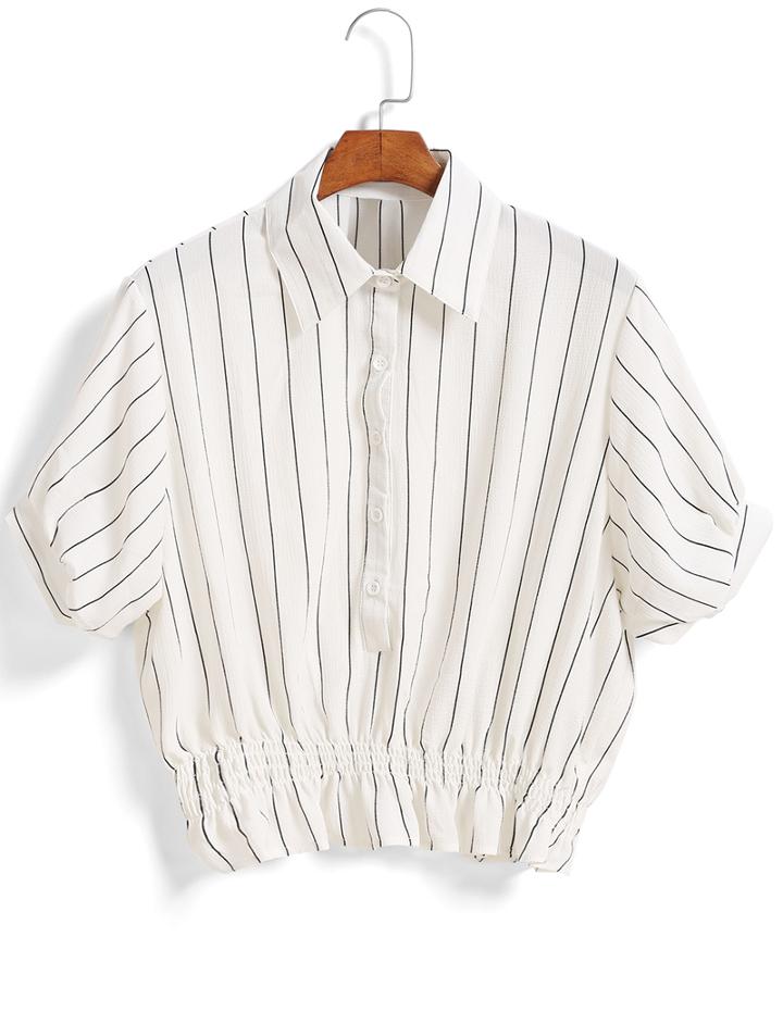 Romwe Lapel Vertical Striped Crop Top
