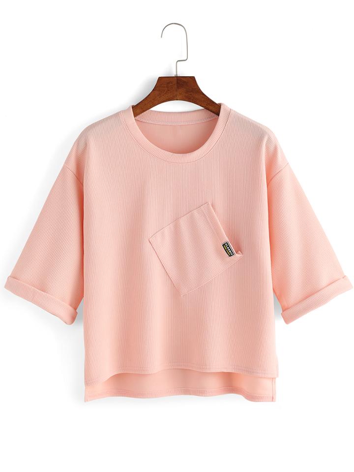 Romwe Dip Hem Ribbed Pocket Cuffed T-shirt