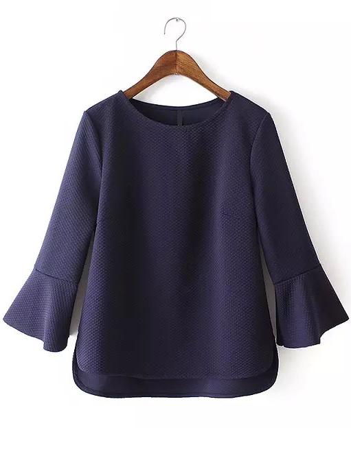 Romwe Bell Sleeve High Low Navy T-shirt