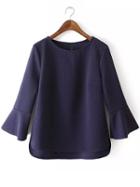 Romwe Bell Sleeve High Low Navy T-shirt