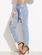 Romwe Sky Blue Ripped Ankle Jeans