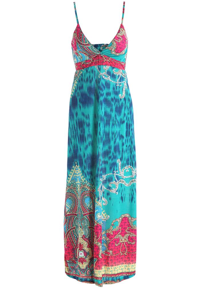 Romwe Spaghetti Strap Florals Maxi Green Dress
