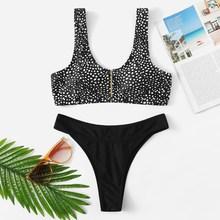 Romwe Dot Print Zipper Front Top With High Leg Bikini