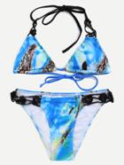 Romwe Blue Leopard Print Crochet Triangle Bikini Set
