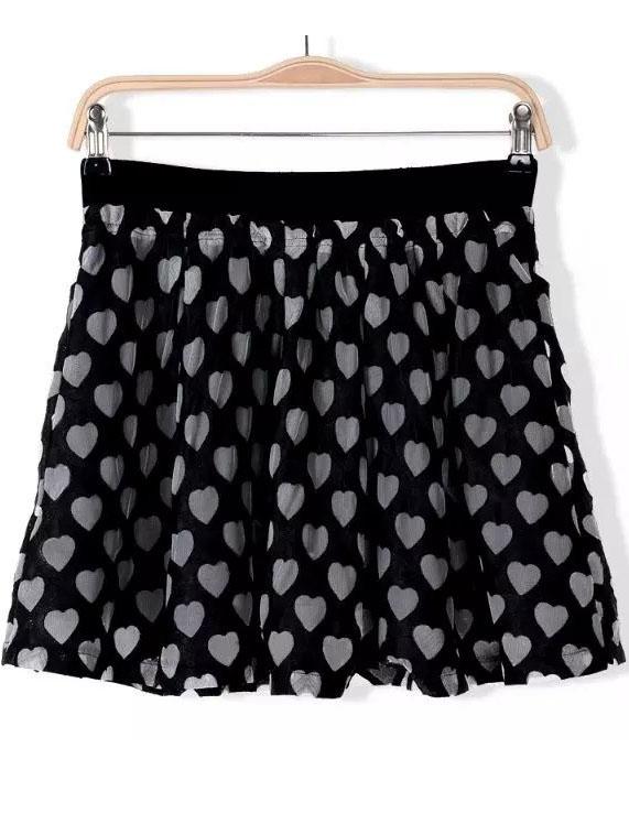 Romwe Elastic Waist Heart Print Organza Skirt