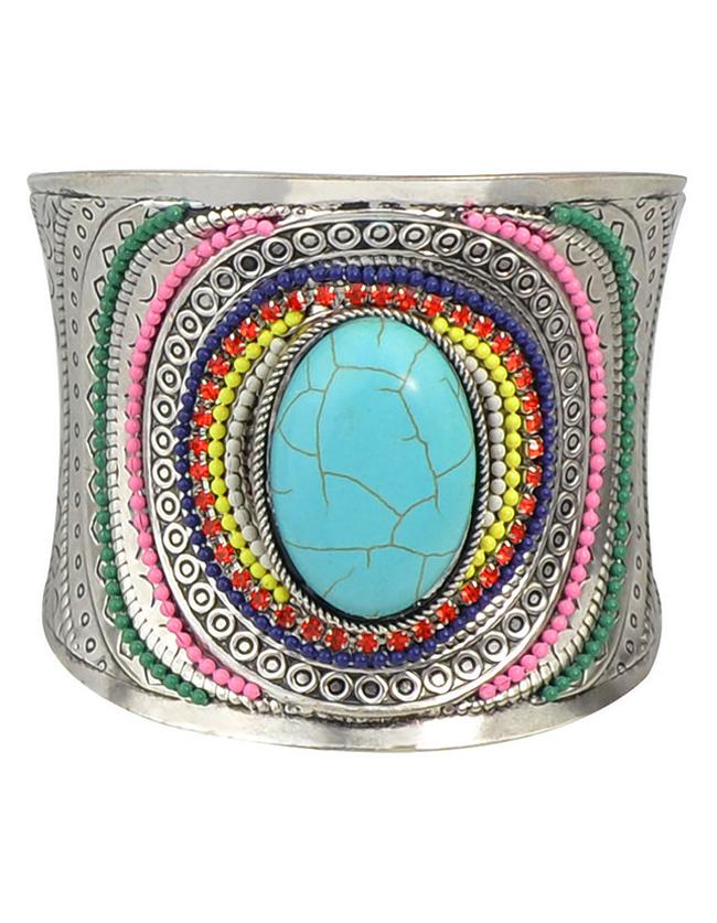 Romwe Blue Beads Gemstone Cuff Bangle