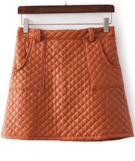 Romwe Diamond Patterned Pockets Pu Khaki Skirt