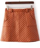 Romwe Diamond Patterned Pockets Pu Khaki Skirt