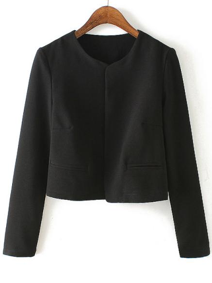 Romwe Black Round Neck Casual Crop Coat