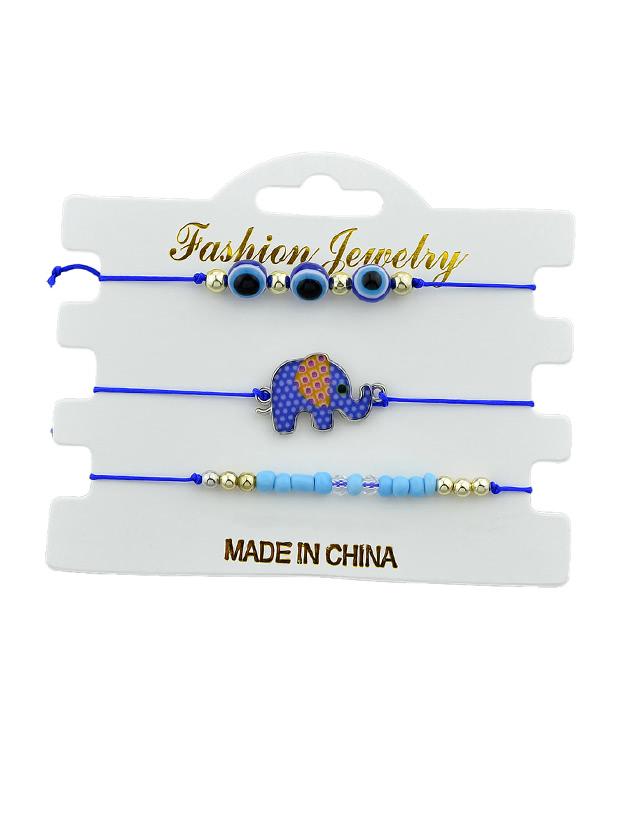 Romwe 3pcs/set Ethnic Style Adjustable Blue Rope With Beads Eye Elephant Charm Bracelet Set