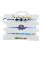 Romwe 3pcs/set Ethnic Style Adjustable Blue Rope With Beads Eye Elephant Charm Bracelet Set