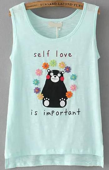 Romwe Dip Hem Bear Print Embroidered Blue Tank Top
