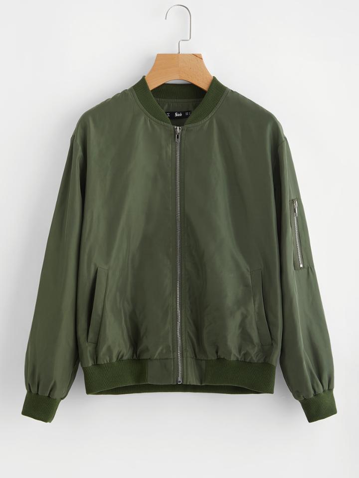 Romwe Ribbed Trim Bomber Jacket With Arm Pocket