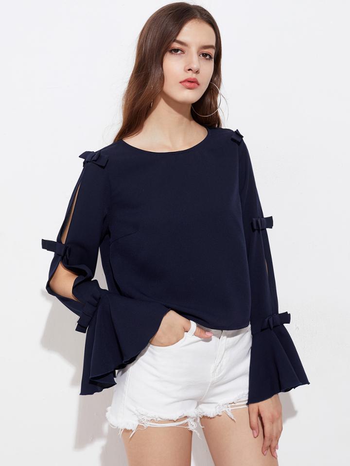 Romwe Bow Embellished Split Back And Bell Sleeve Top