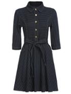 Romwe Lapel Half Sleeve Striped Bow Denim Dress