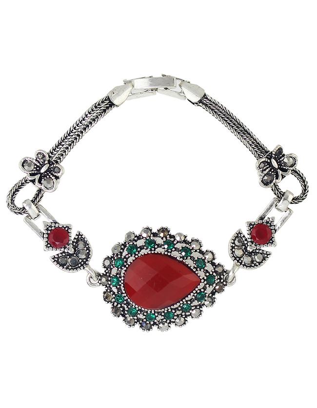 Romwe Red Rhinestone Atsilver Women Stone Bracelet
