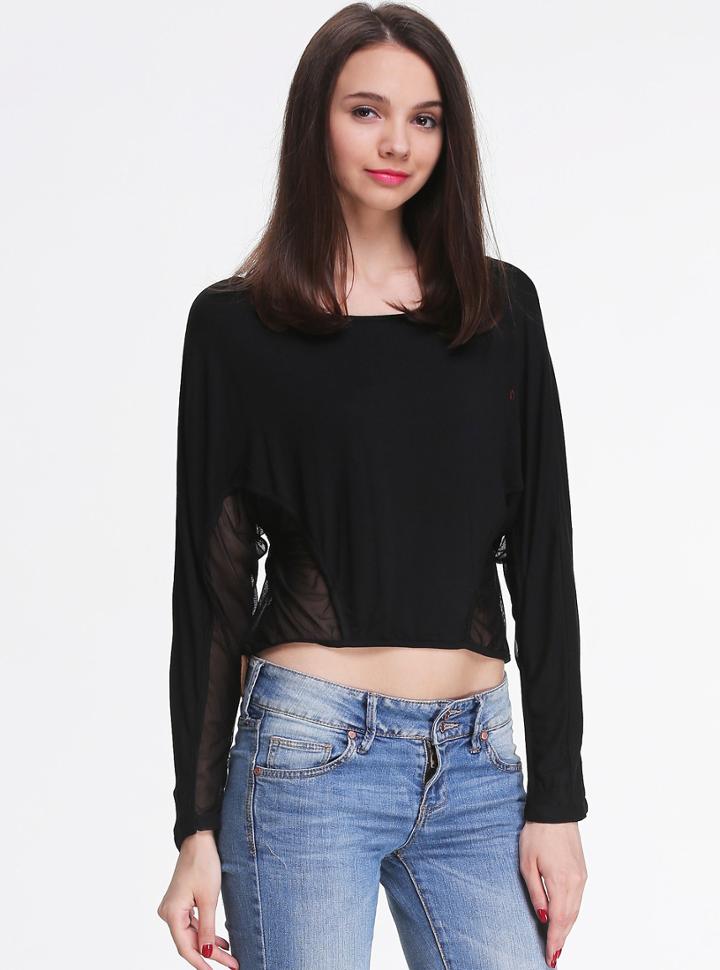 Romwe Black Long Sleeve Contrast Mesh Yoke T-shirt