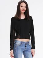 Romwe Black Long Sleeve Contrast Mesh Yoke T-shirt