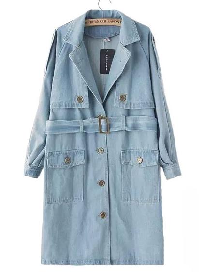 Romwe Lapel Belt Pockets Denim Coat