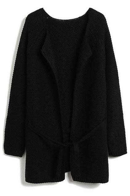 Romwe Black Long Sleeve Drawstring Loose Cardigan