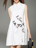 Romwe White Sleeveless Embroidered Pockets A-line Dress