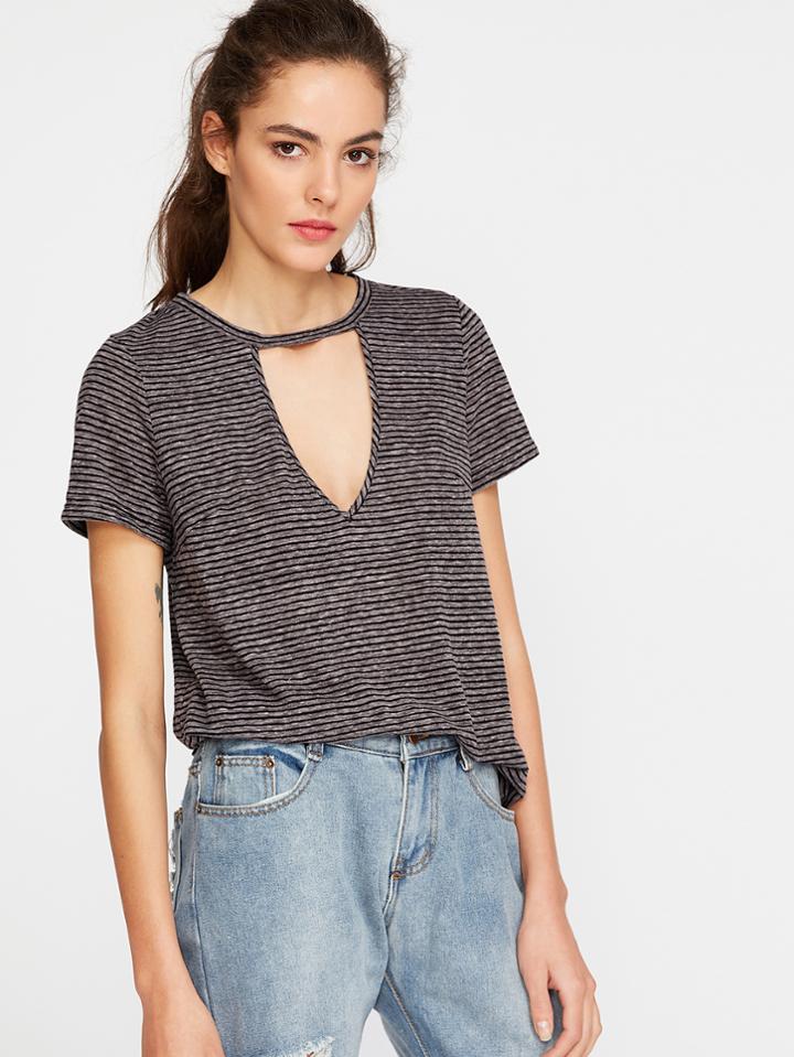Romwe Striped Cutout V Neck Tee