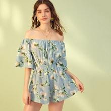 Romwe Floral Print Off The Shoulder Knot Front Romper