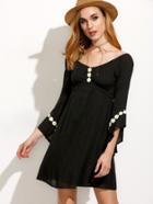 Romwe Black Daisy Applique Bell Sleeve Empire Waist Dress