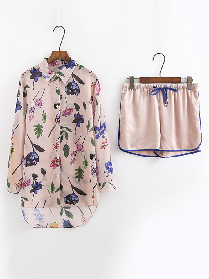 Romwe High Low Longline Blouse With Drawstring Shorts