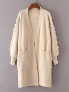 Romwe Faux Pearl Detail Ribbed Knit Longline Cardigan